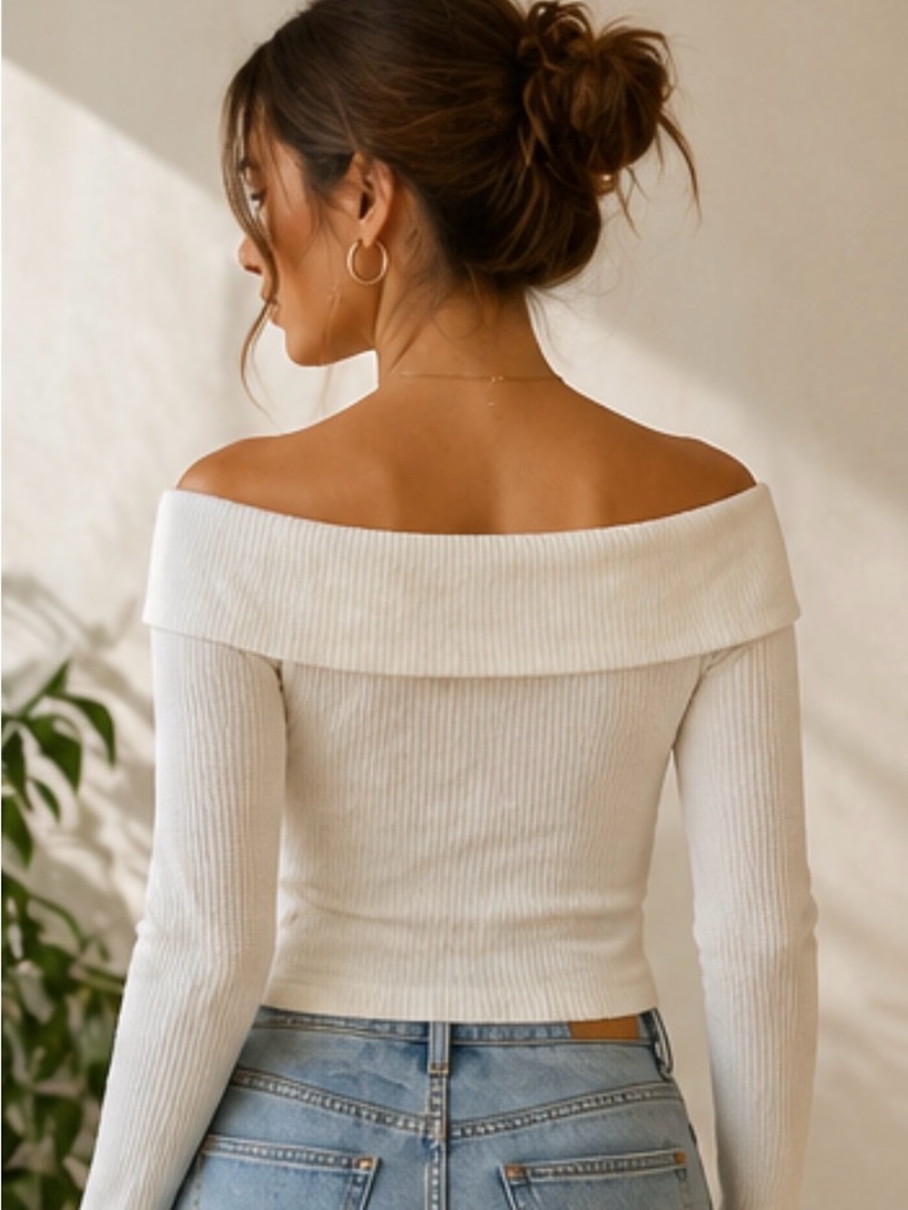 Off-the-Shoulder Ribbed Knit Sweater - Cream - Picture 2 of 3